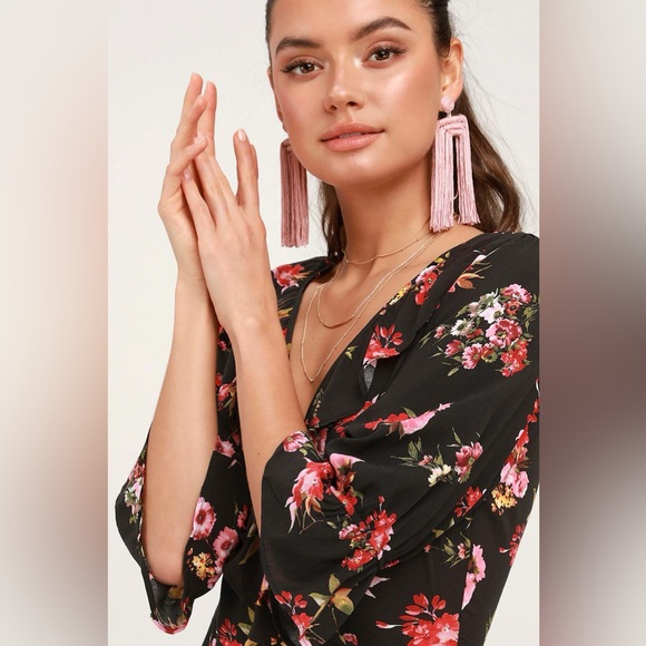 Lulus Midnight Magic Black Floral Print Ruffled Midi Dress Size MEDIUM - Picture 4 of 16